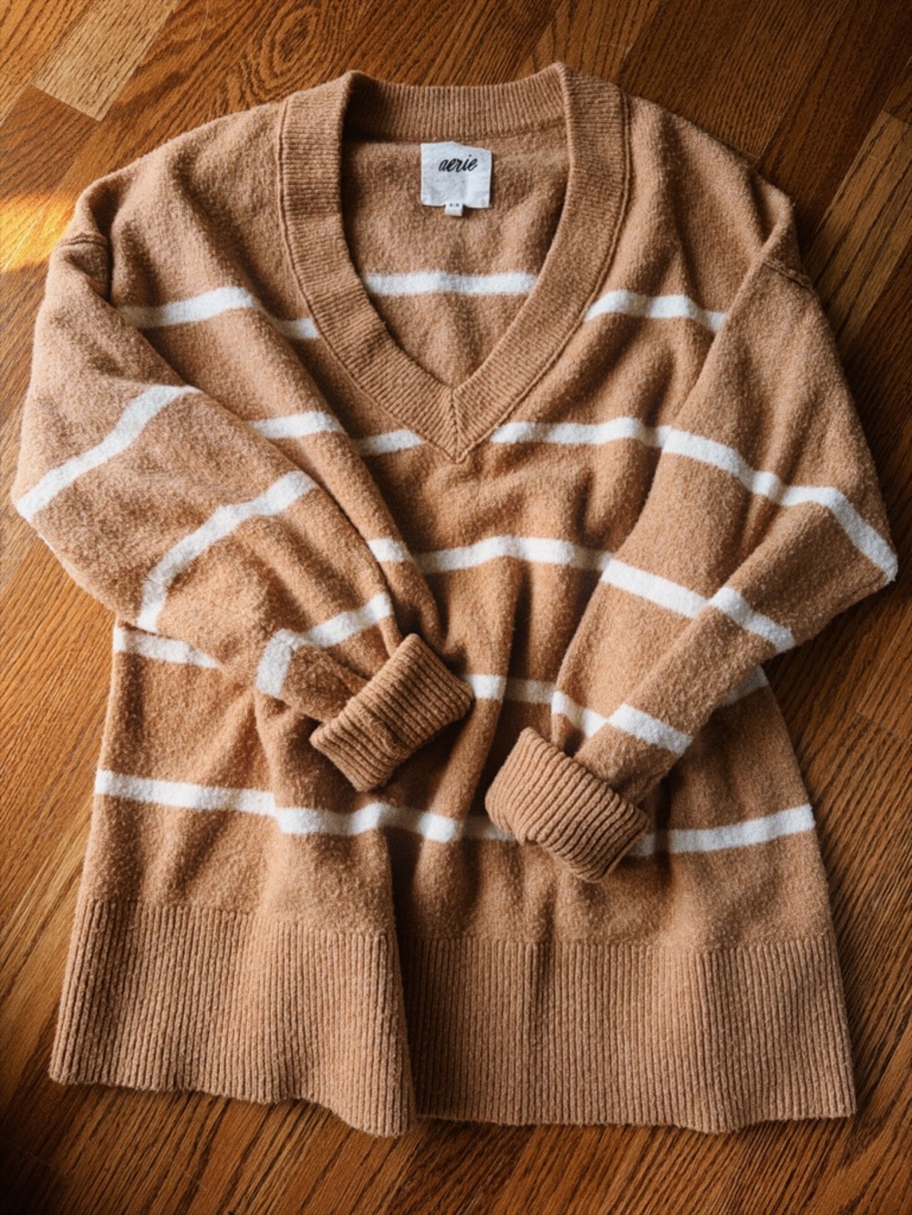 aerie Camel and White Striped V-Neck Sweater